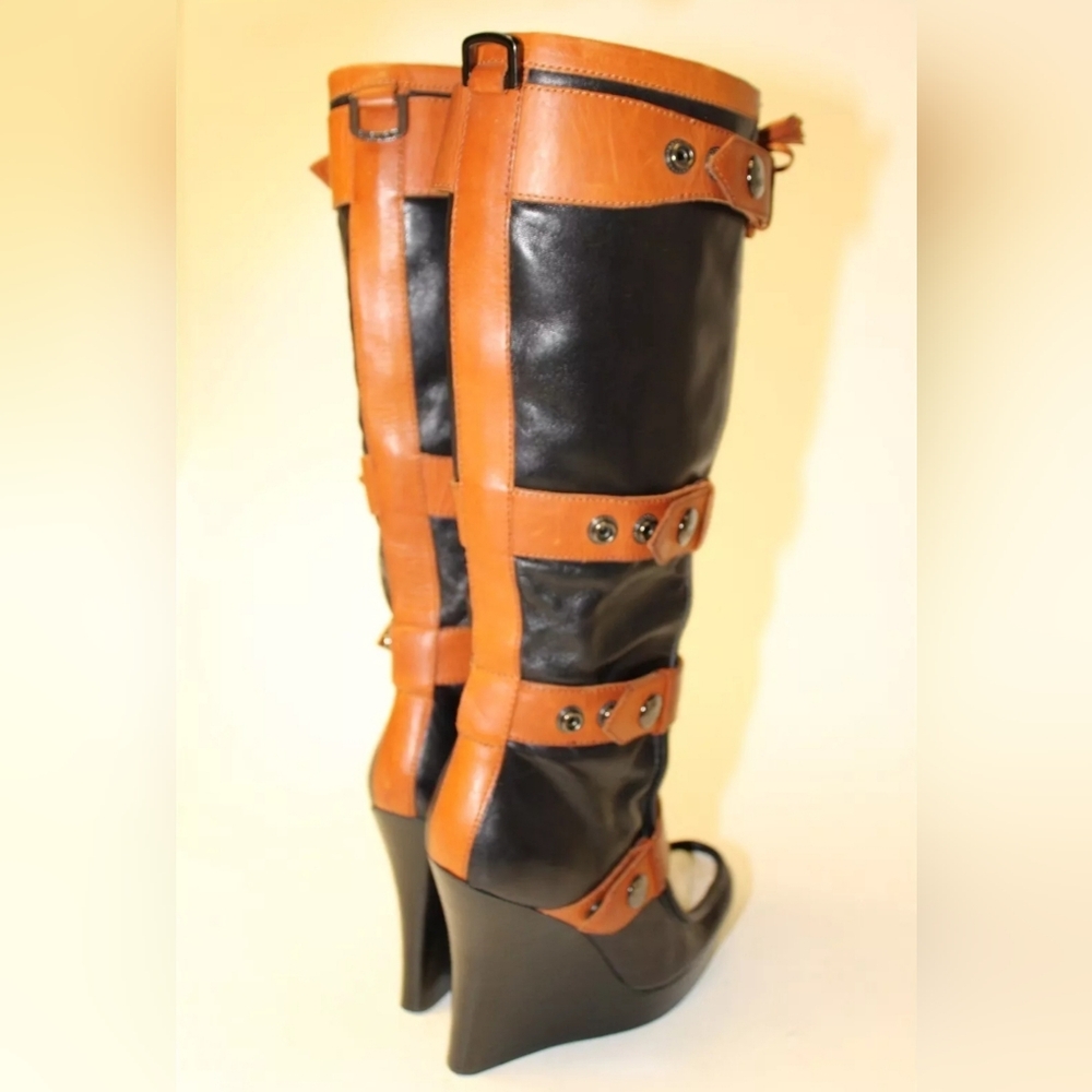L.A.M.B. Baby  7.5 39 Leather Wedge Strap Knee High Boots - Picture 9 of 15